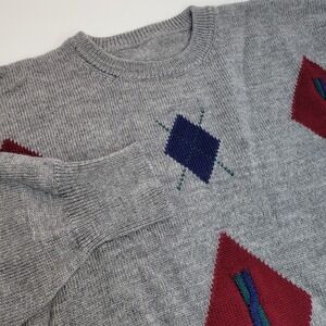 Unbranded Gray Argyle 100% Merino Wool Sweater Hand Intarsia tag removed- Large?